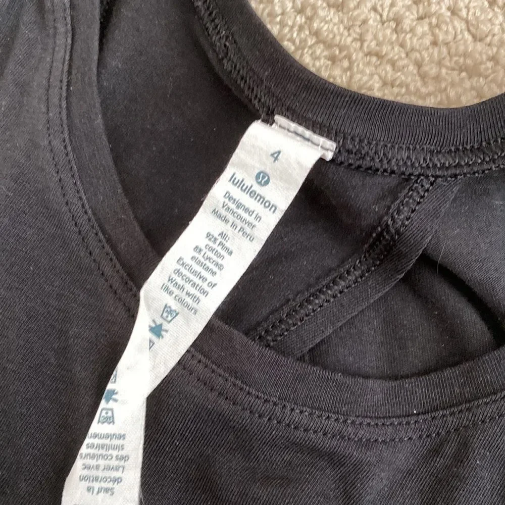 Lululemon All Tied Up Tank Black Size 4 Like New Pima Cotton Open Back Runs BIG